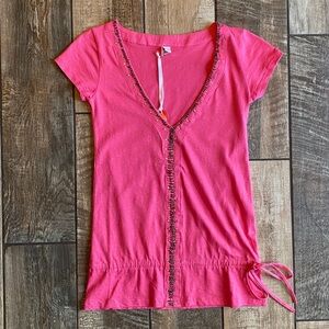 Poof! Girls Pink Beaded Rhinestone V-Neck Top 🆕